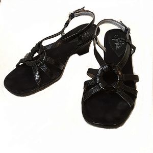 Life Stride Strappy Black Faux Snake Skin Kitten Heels, Size 7M